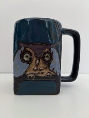 MARA Stoneware Owl 12 oz Square Coffee Tea Mug Hand Etched